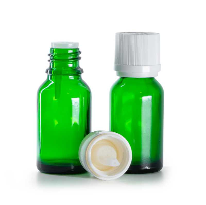 Bottiglia in vetro, verde, tappo di sicurezza antimanomissione bianco con contagocce, 15 ml