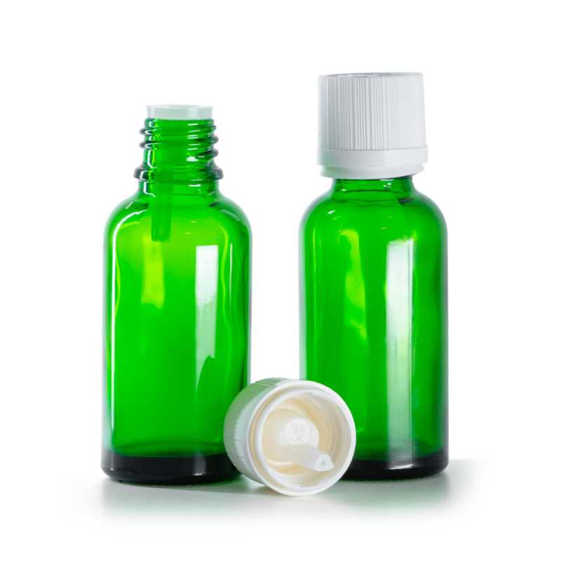 Bottiglia in vetro, verde, tappo di sicurezza con contagocce, 30 ml