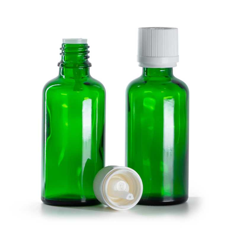 Flacone in vetro, contagocce, verde, tappo di sicurezza antimanomissione bianco, 50 ml