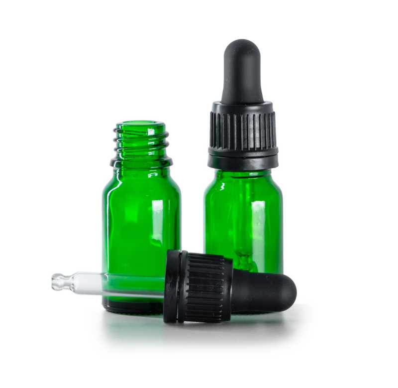 Flacone in vetro, verde, contagocce antimanomissione nero, 10 ml