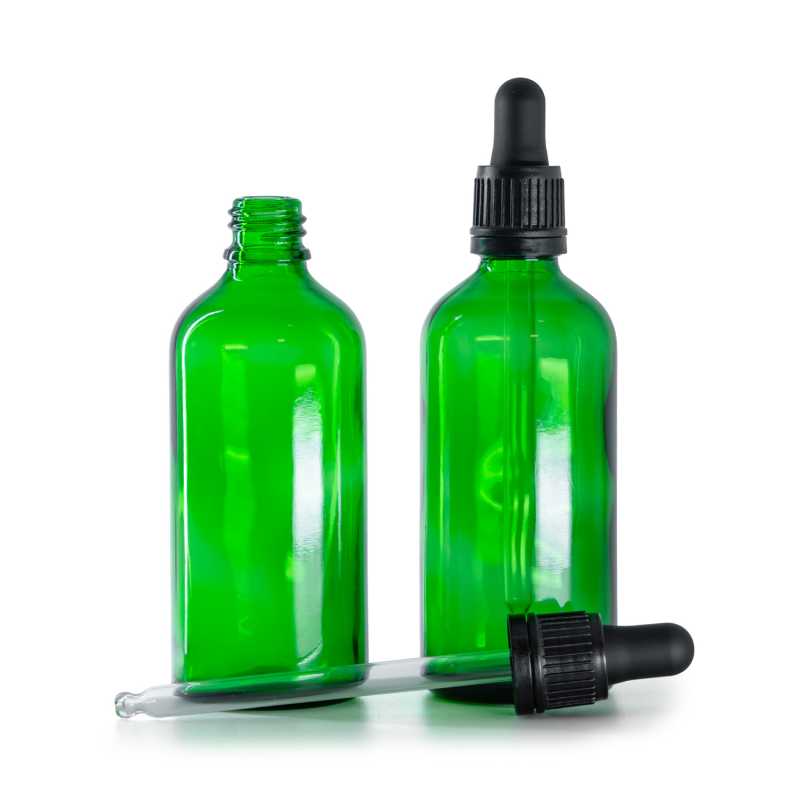 Bottiglia in vetro, verde, contagocce nero, 100 ml