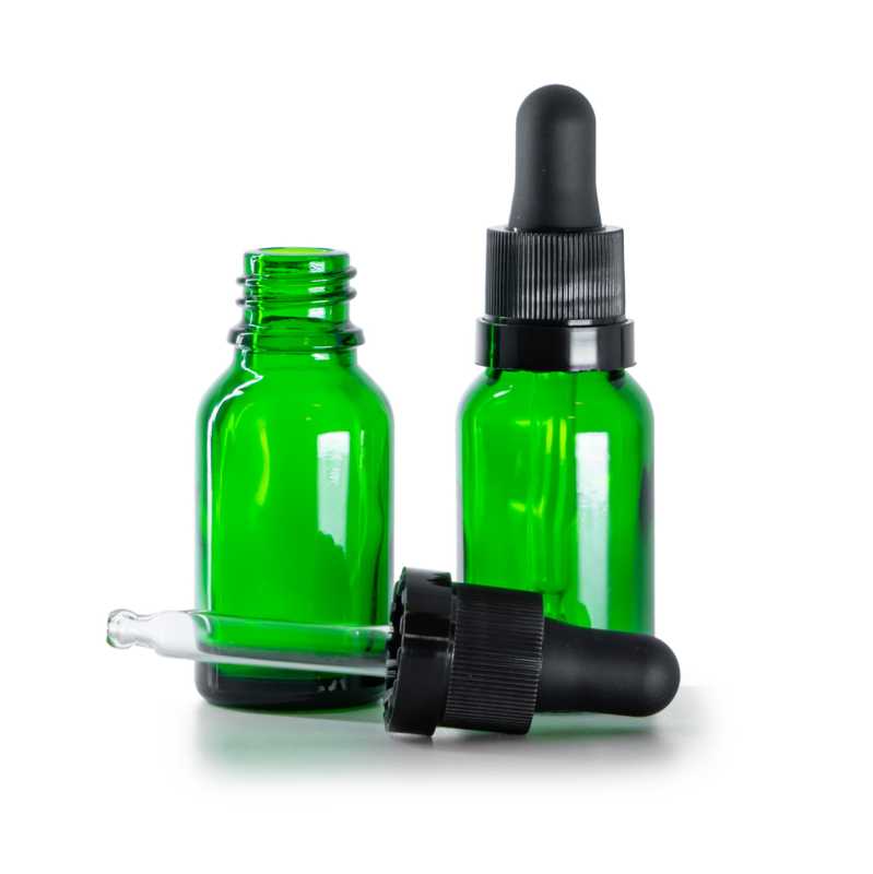 Flacone in vetro, verde, contagocce nero opaco con anello lucido, 15 ml