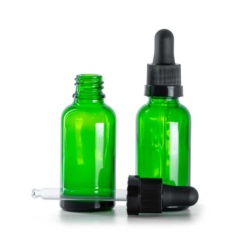 Flacone in vetro, verde, contagocce nero opaco con anello lucido, 30 ml
