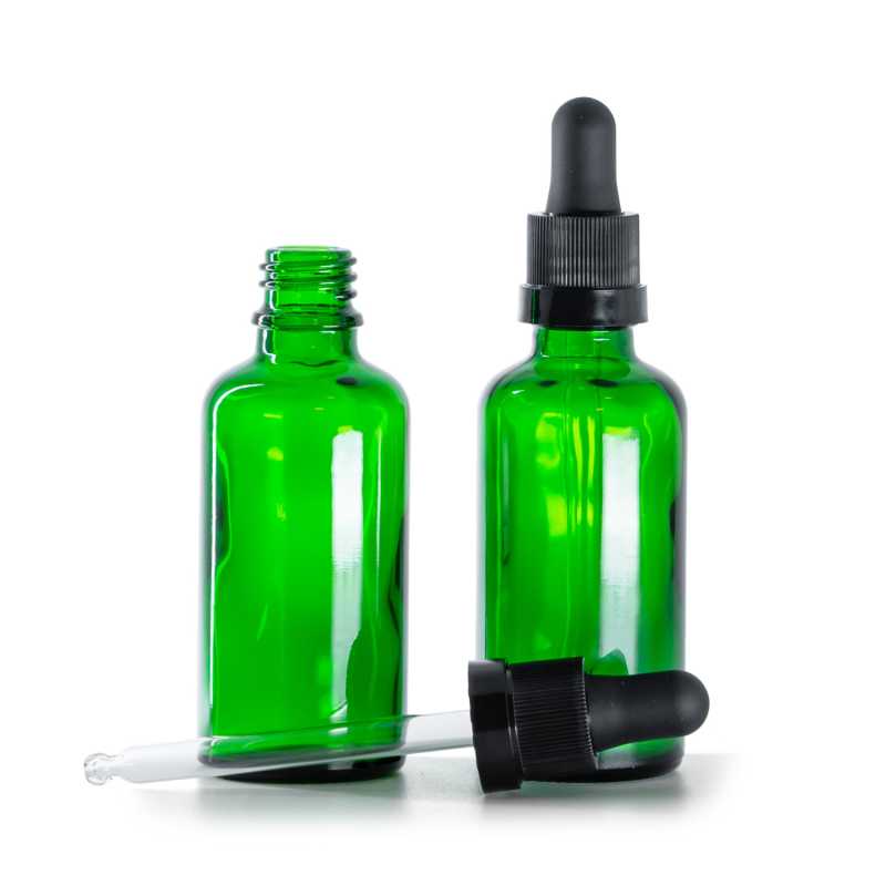 Flacone in vetro, verde, contagocce nero opaco con anello lucido, 50 ml