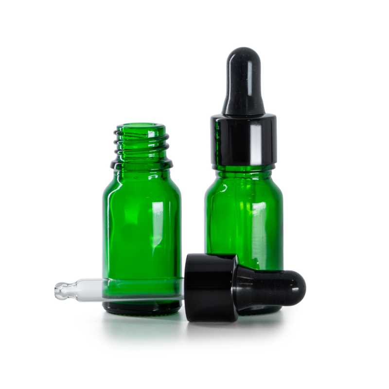 Bottiglia in vetro, verde, contagocce nero lucido, 10 ml