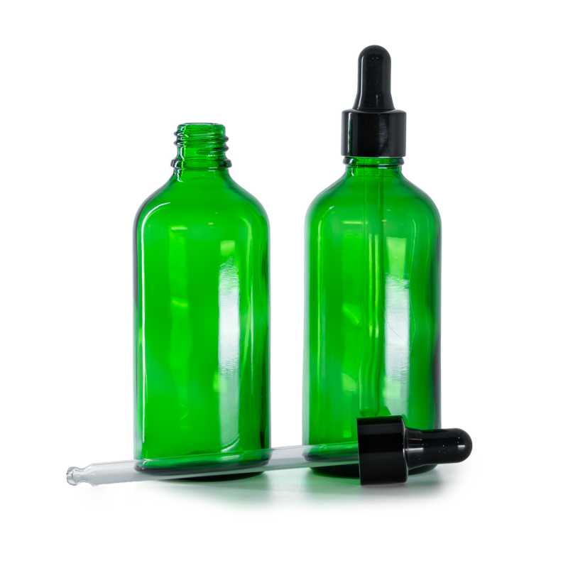 Bottiglia in vetro, verde, contagocce nero lucido, 100 ml