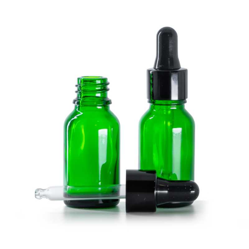 Bottiglia di vetro, verde, contagocce nero lucido, 15 ml