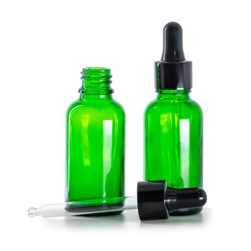 Bottiglia in vetro, verde, contagocce nero lucido, 30 ml