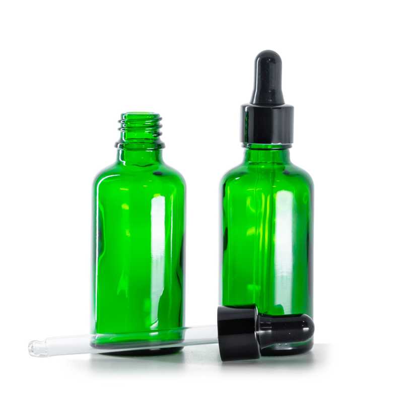 Flacone di vetro, verde, contagocce nero lucido, 50 ml