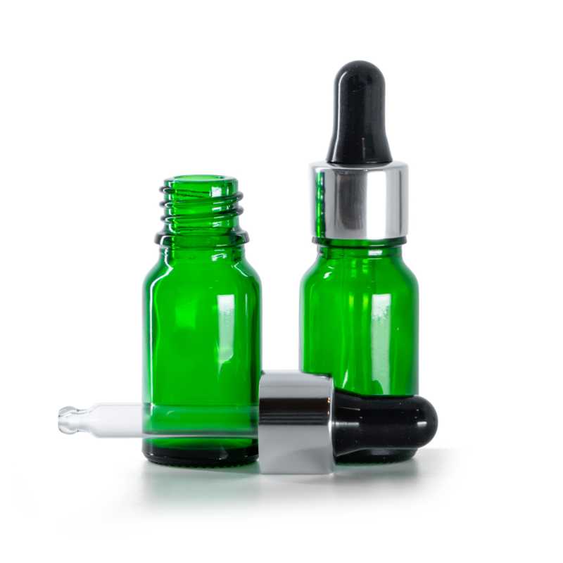 Flacone in vetro, verde, contagocce nero argento, 10 ml
