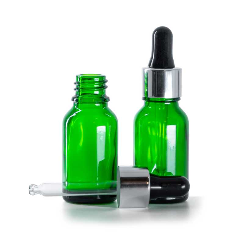 Flacone in vetro, verde, contagocce nero argento, 15 ml