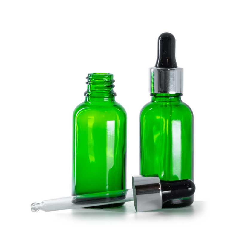 Flacone in vetro, verde, contagocce nero argento, 30 ml