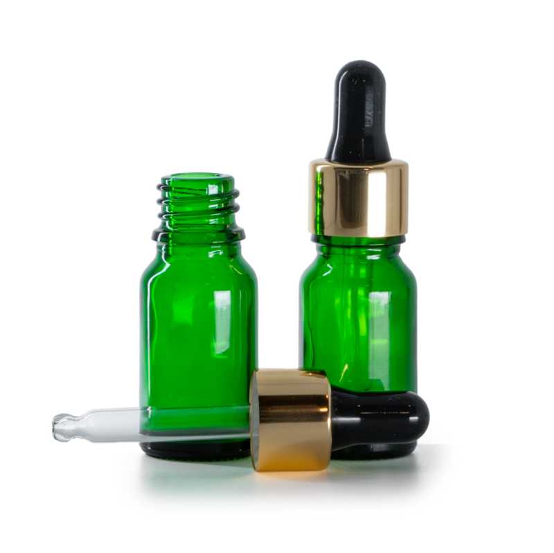 Flacone in vetro, verde, contagocce nero oro, 10 ml