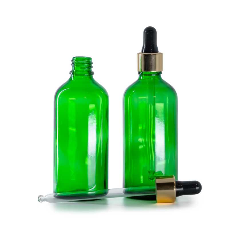 Bottiglia in vetro, verde, contagocce nero e oro, 100 ml