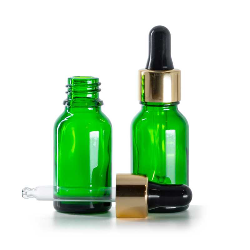 Bottiglia in vetro, verde, contagocce nero e oro, 15 ml