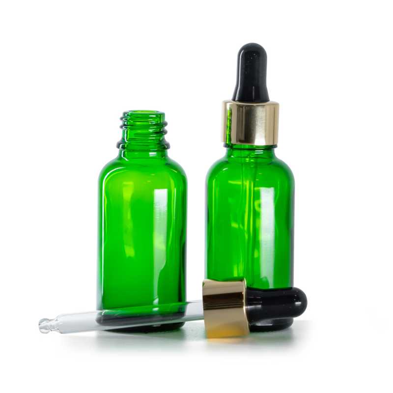 Flacone in vetro, verde, contagocce nero e oro, 30 ml