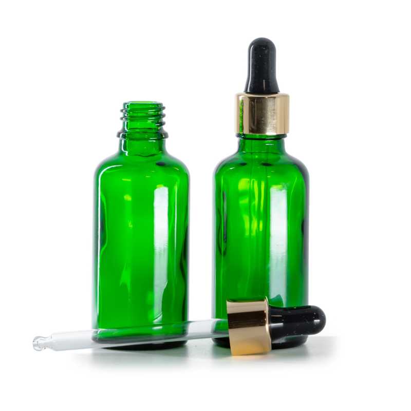 Bottiglia in vetro, verde, contagocce nero oro, 50 ml