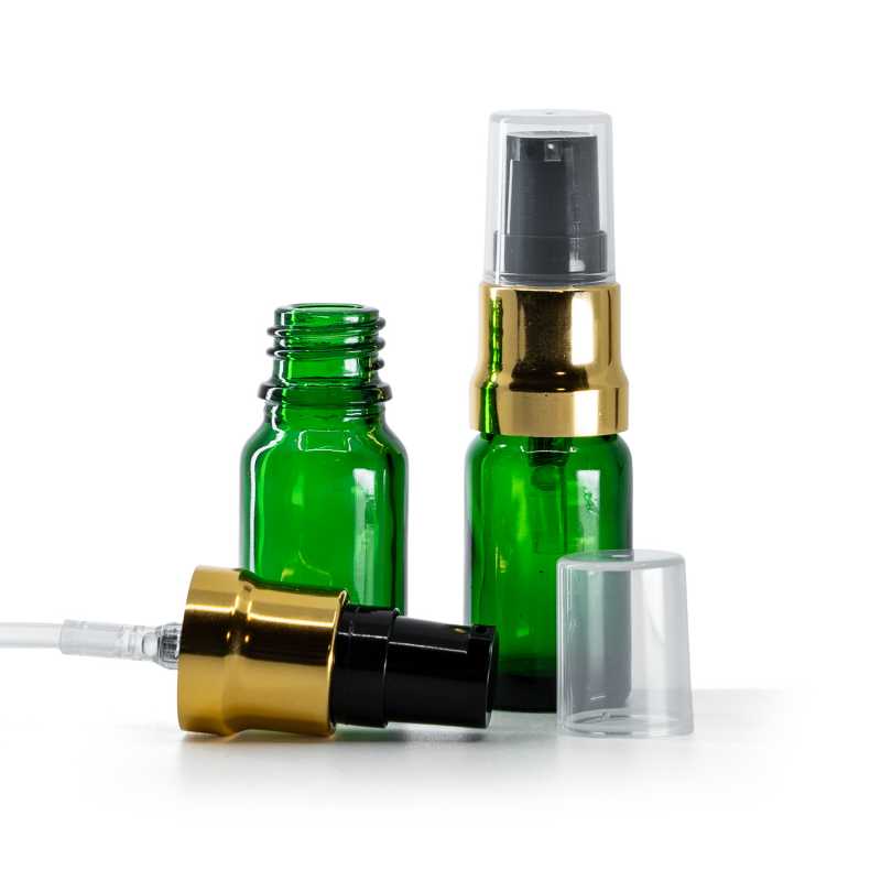 Flacone in vetro, verde, dosatore nero oro lucido con cappuccio trasparente, 10 ml