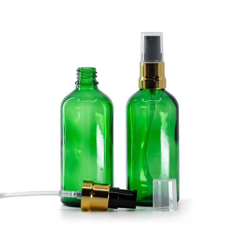 Bottiglia in vetro, verde, dosatore nero oro lucido con cappuccio trasparente, 100 ml