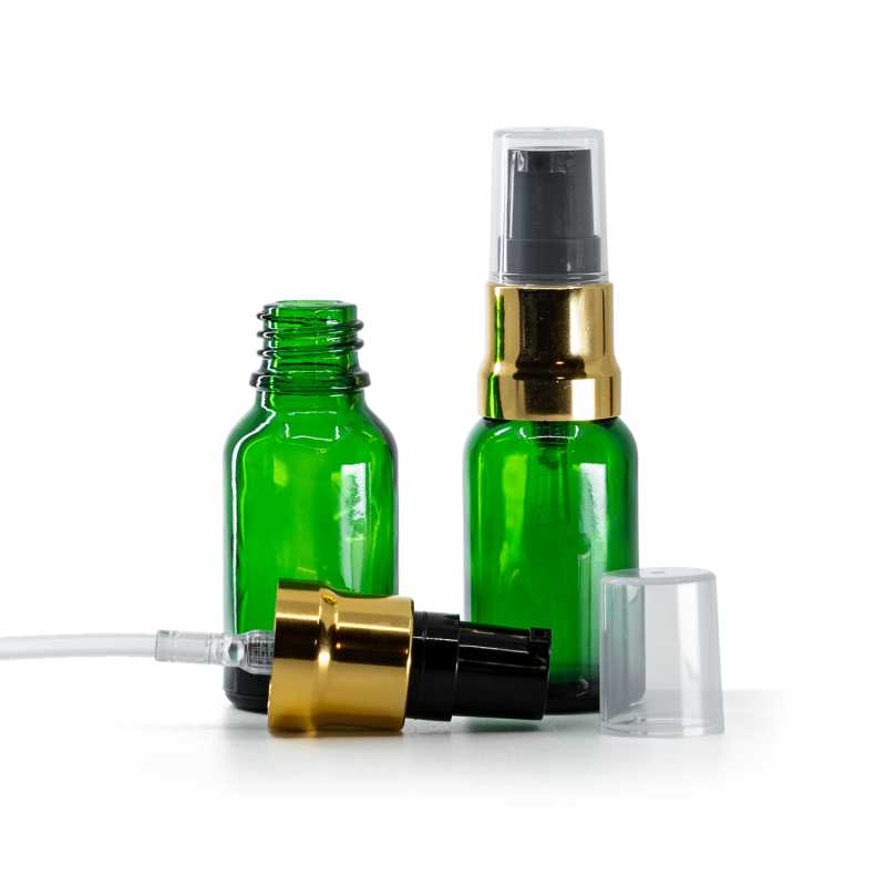 Flacone in vetro, verde, pompa nero oro lucido, cappuccio trasparente, 15 ml