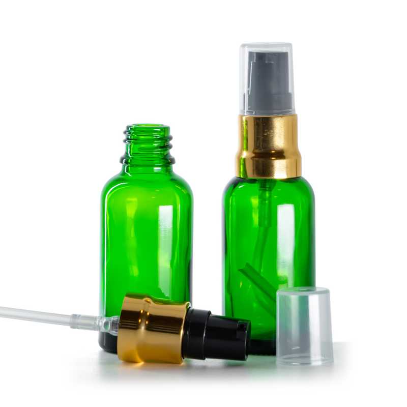 Flacone in vetro, verde, dosatore nero oro lucido con cappuccio trasparente, 30 ml