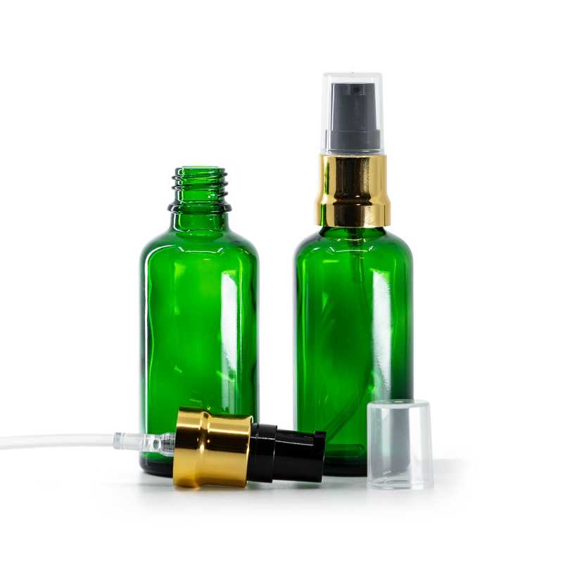Flacone in vetro, verde, dispenser nero oro lucido, sovratappo trasparente, 50 ml