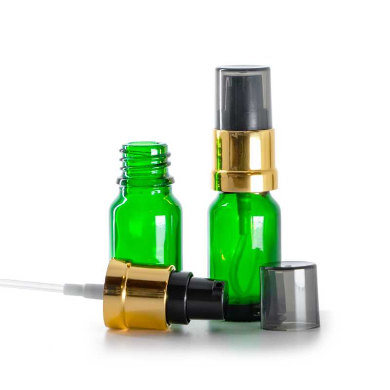 Flacone di vetro verde, dosatore nero e dorato lucido con sopra-tappo fumé, 10 ml