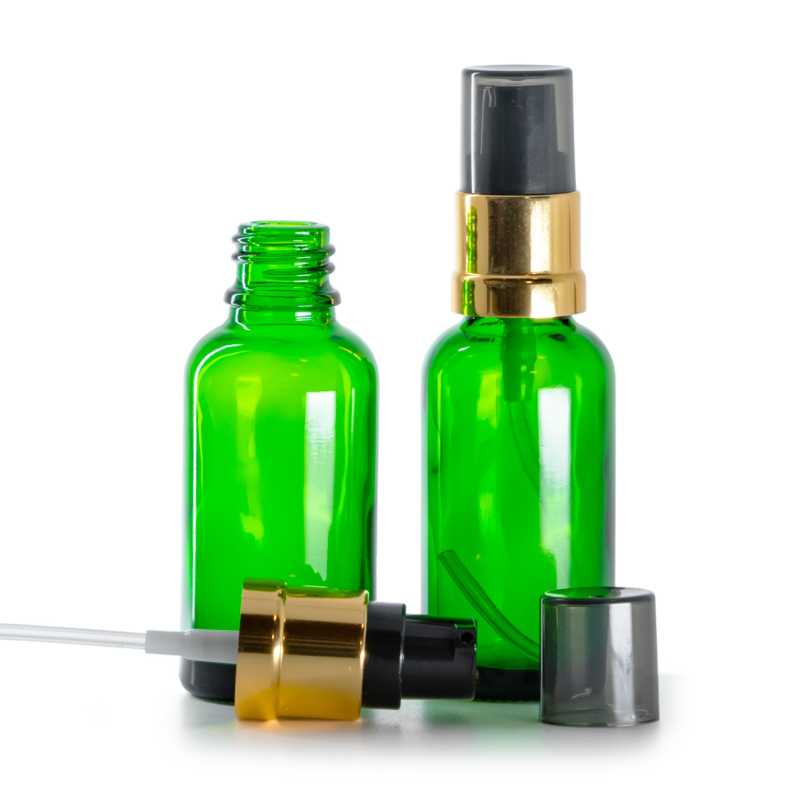 Flaconcino di vetro verde, dosatore nero e dorato lucido con sopra-tappo fumé, 30 ml