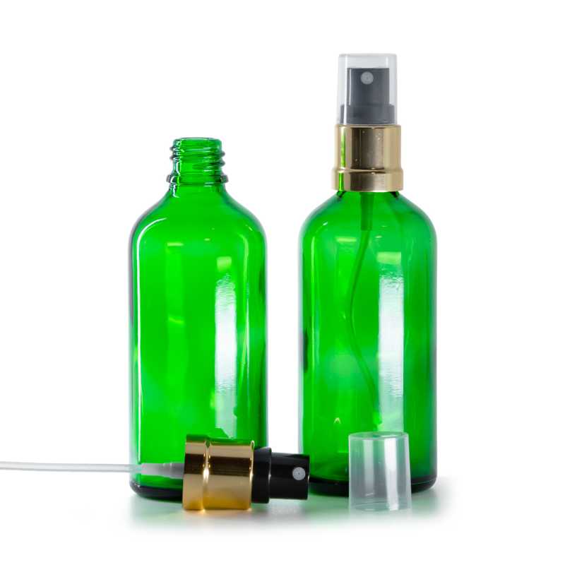 Bottiglia in vetro, verde, spruzzatore nero e oro, 100 ml