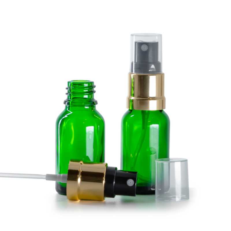 Bottiglia in vetro, verde, spruzzatore nero oro lucido, 15 ml