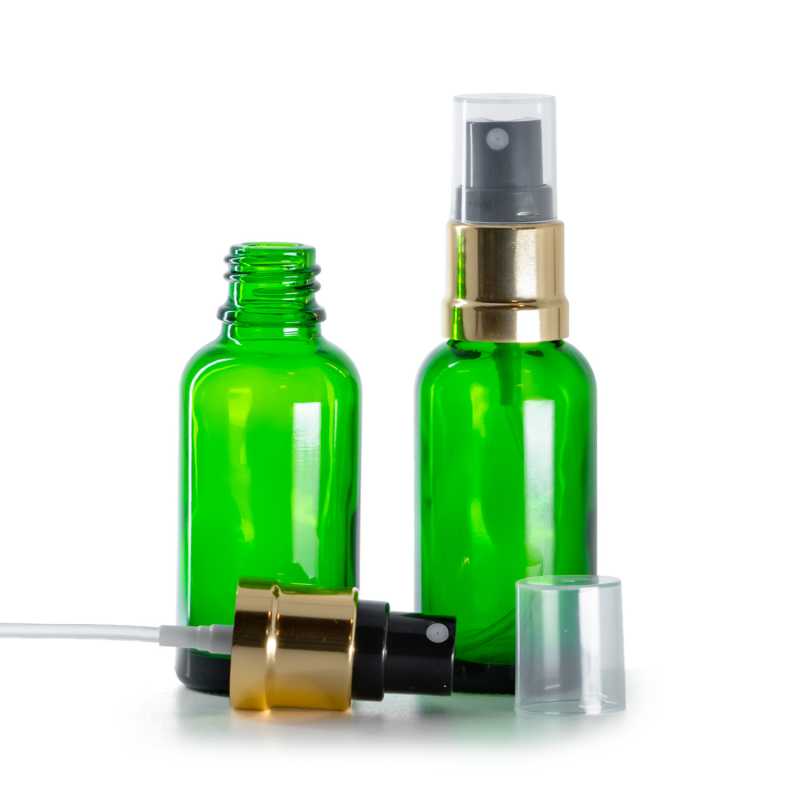 Bottiglia in vetro, verde, spruzzatore nero oro lucido, 30 ml