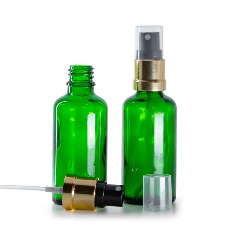 Flacone in vetro, verde, spruzzatore nero oro lucido, 50 ml
