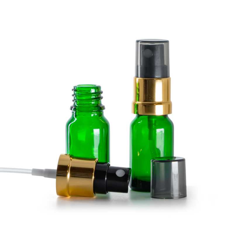 Flaconcino di vetro verde, spruzzatore nero e dorato, sopra-tappo fumé, 10 ml