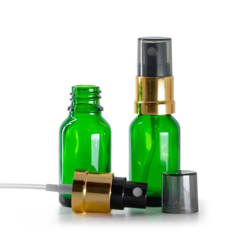 Flaconcino di vetro verde, spruzzatore nero e dorato, sopra-tappo fumé, 15 ml
