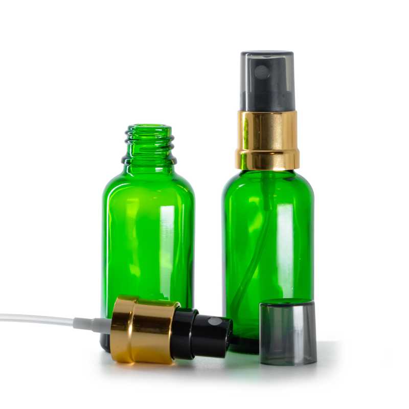 Flaconcino di vetro verde, spruzzatore nero e dorato, sopra-tappo fumé, 30 ml
