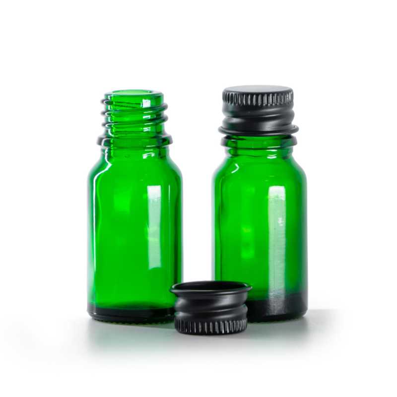 Bottiglia in vetro, verde, tappo in alluminio nero, 10 ml