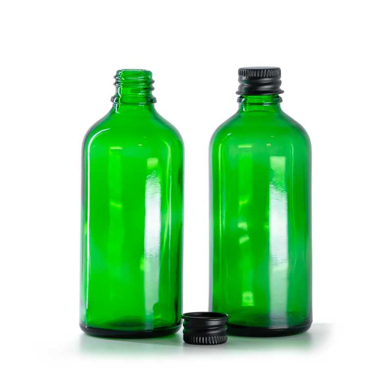 Bottiglia in vetro, verde, tappo in alluminio nero, 100 ml