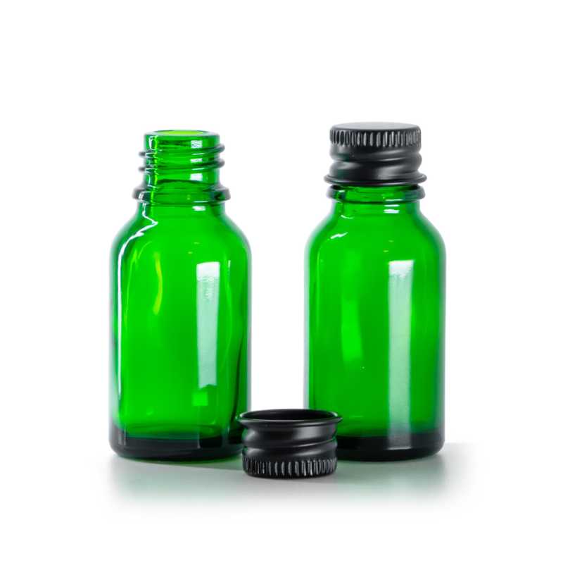 Bottiglia in vetro, verde, tappo in alluminio nero, 15 ml