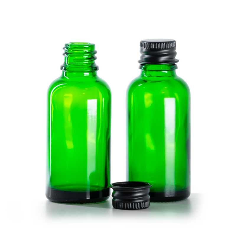 Bottiglia in vetro, verde, tappo in alluminio nero, 30 ml