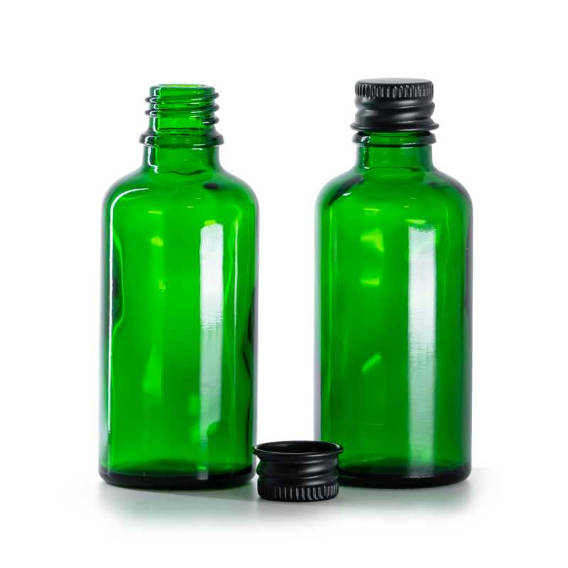 Flacone in vetro, verde, tappo in alluminio nero, 50 ml