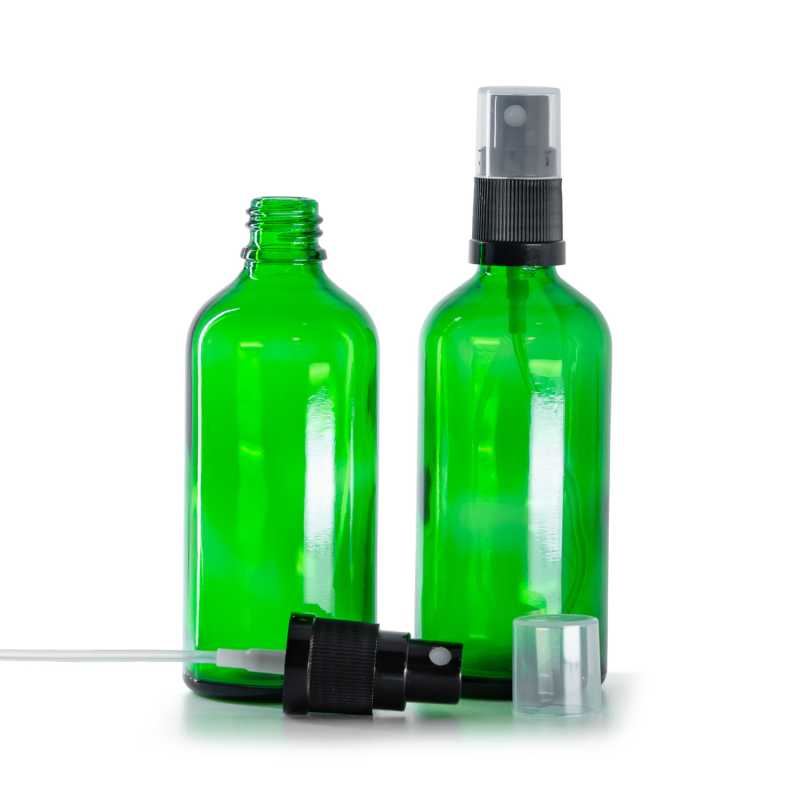 Bottiglia in vetro, verde, spruzzatore nero, 100 ml