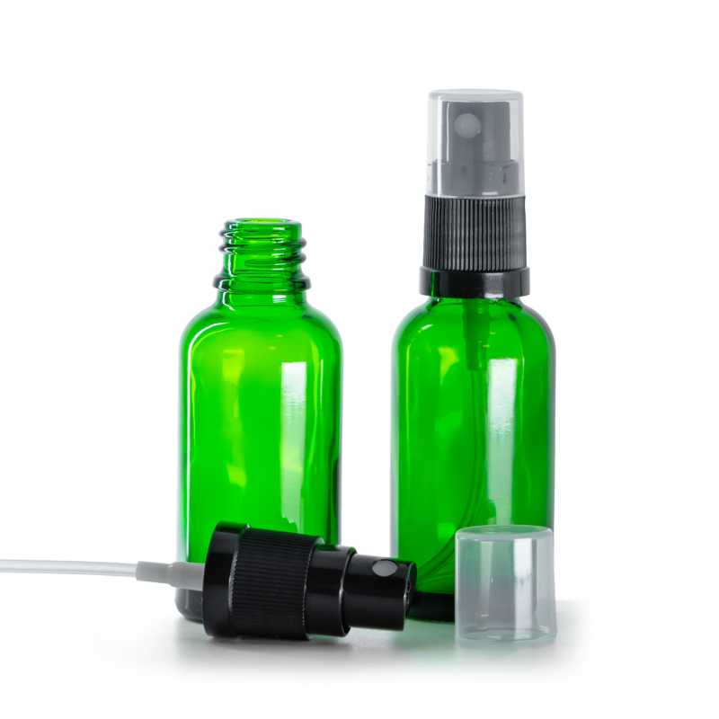 Bottiglia in vetro, verde, spruzzatore nero, 30 ml