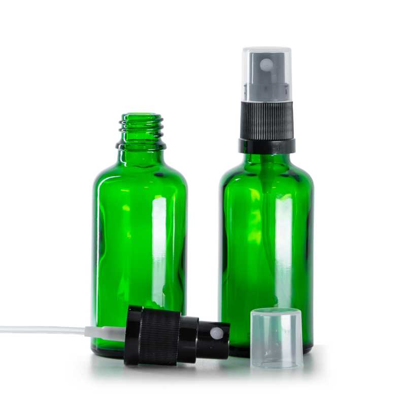 Bottiglia in vetro, verde, spruzzatore nero, 50 ml