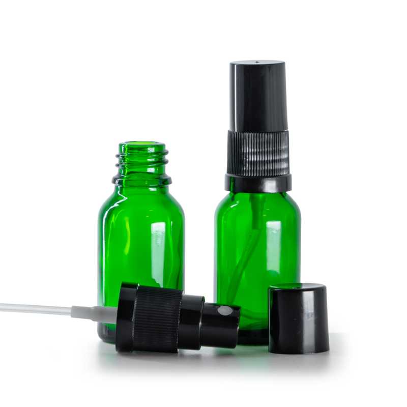Bottiglia in vetro, verde, spruzzatore, nero, 15 ml