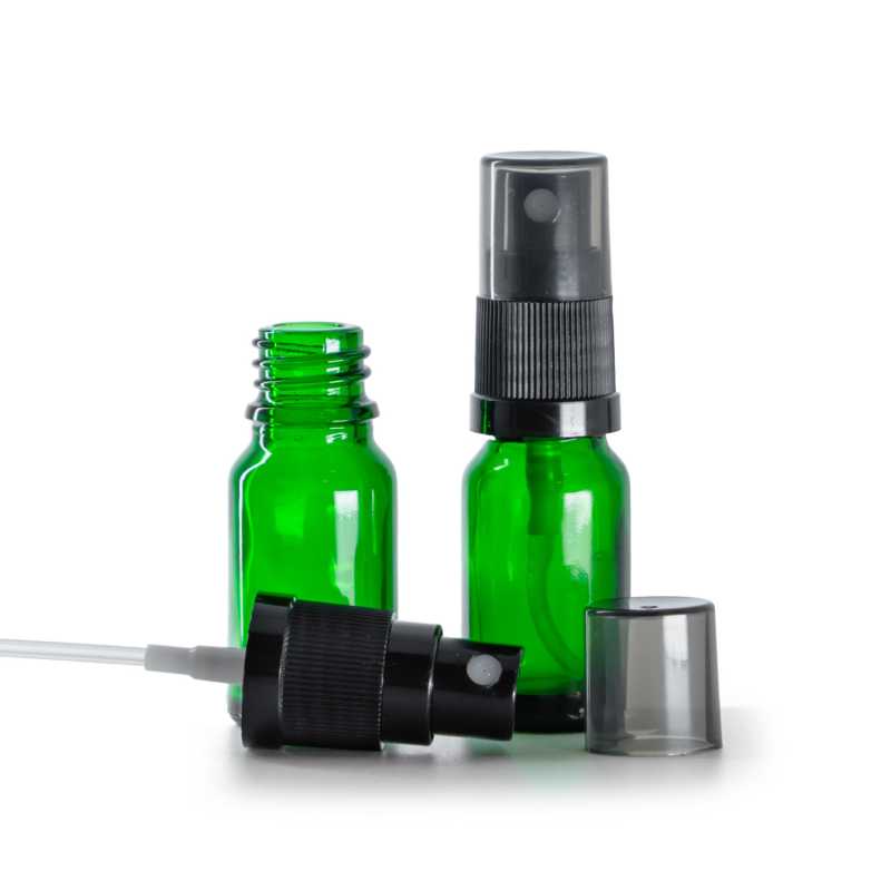 Flacone di vetro verde, spruzzatore nero con sopra-tappo fumé, 10 ml