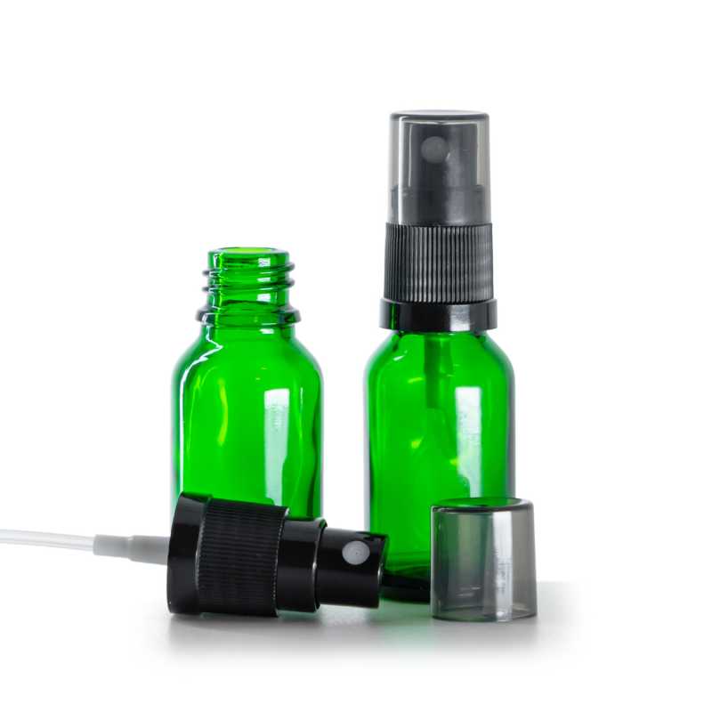 Flaconcino di vetro verde, spruzzatore nero, sopra-tappo fumé, 15 ml