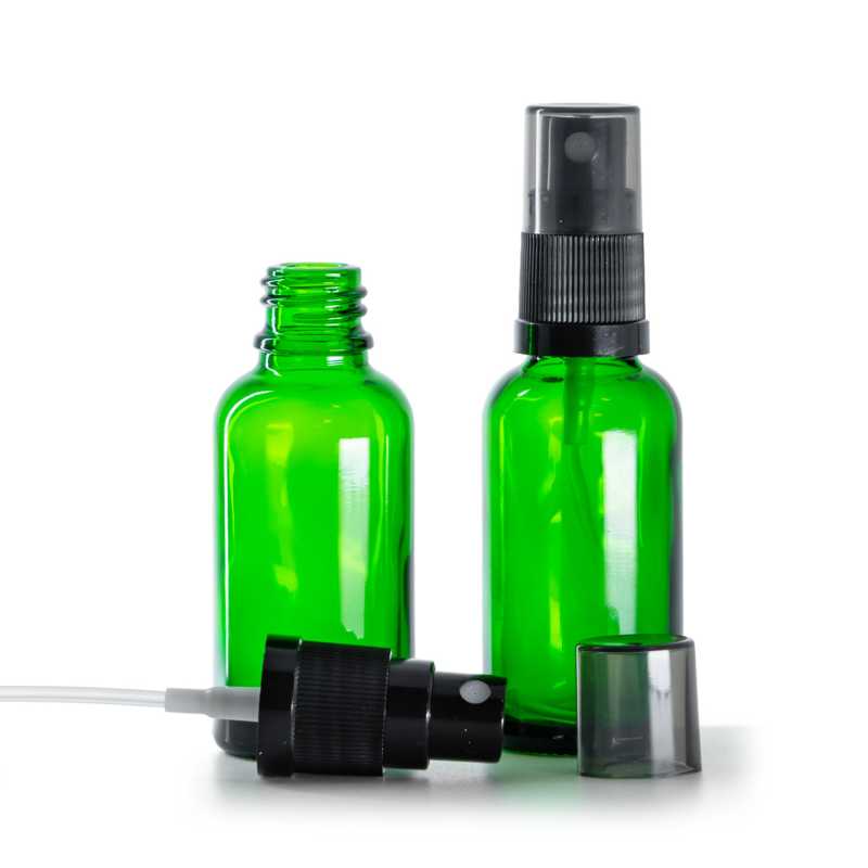 Flaconcino di vetro verde, spruzzatore nero con sopra-tappo fumé, 30 ml