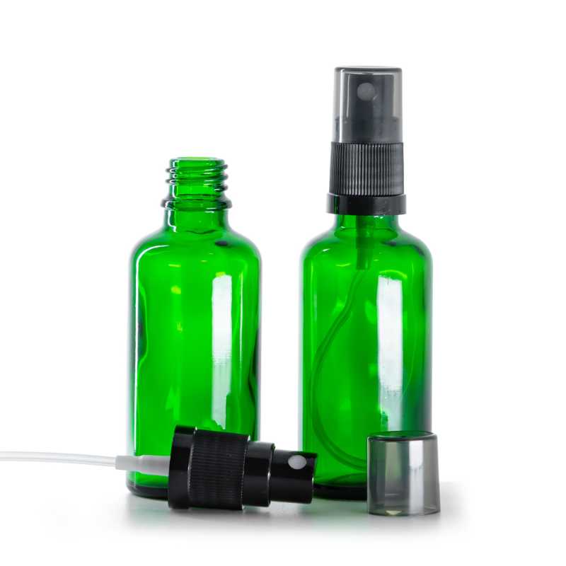 Flaconcino di vetro verde, spruzzatore nero, sopra-tappo fumé, 50 ml