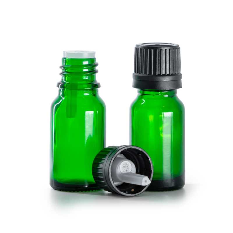 Flacone di vetro verde, tappo nero con contagocce interno, 10 ml