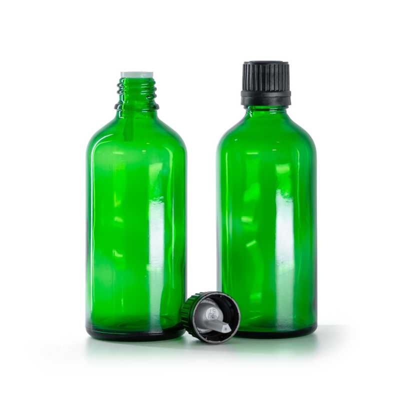 Flacone di vetro verde, tappo nero con contagocce, 100 ml